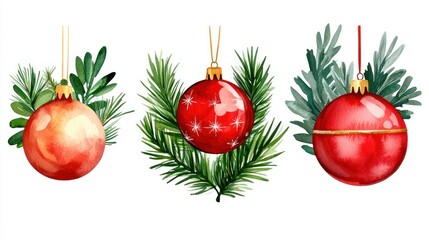 Watercolor Christmas Ornaments with Greenery on White Background