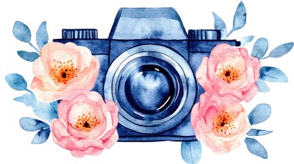 Watercolor Camera Surrounded by Flowers