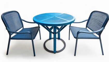 Fototapeta premium a blue metal table with two matching chairs ideal for outdoor leisure or dining on white background