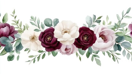 Watercolor Floral Border: Roses and Eucalyptus