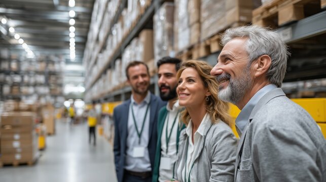 Warehouse managers planning and discussing logistics, smiling and looking up at shelves full of goods, working together for business success