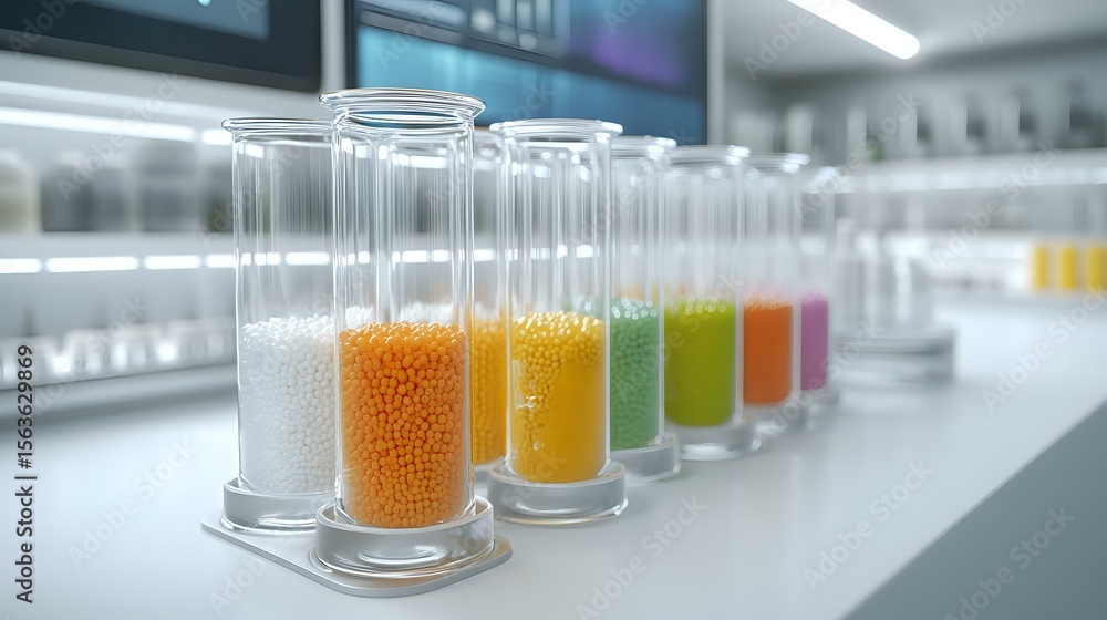 Aufkleber glass test tubes filled with colorful beads in laboratory setting, arranged in row showing gradient 