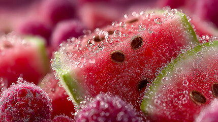 Close-up of fresh watermelon slices covered with sparkling ice crystals and water droplets, creating a refreshing and hyper-realistic look