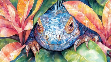 Watercolor Iguana Portrait Amidst Tropical Foliage