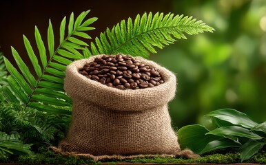 Bag of coffee beans is sitting on a leafy green background