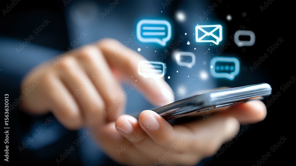 Poster Hand holding smartphone with glowing message icons floating above screen, depicting digital communication and mobile messaging on dark background.
