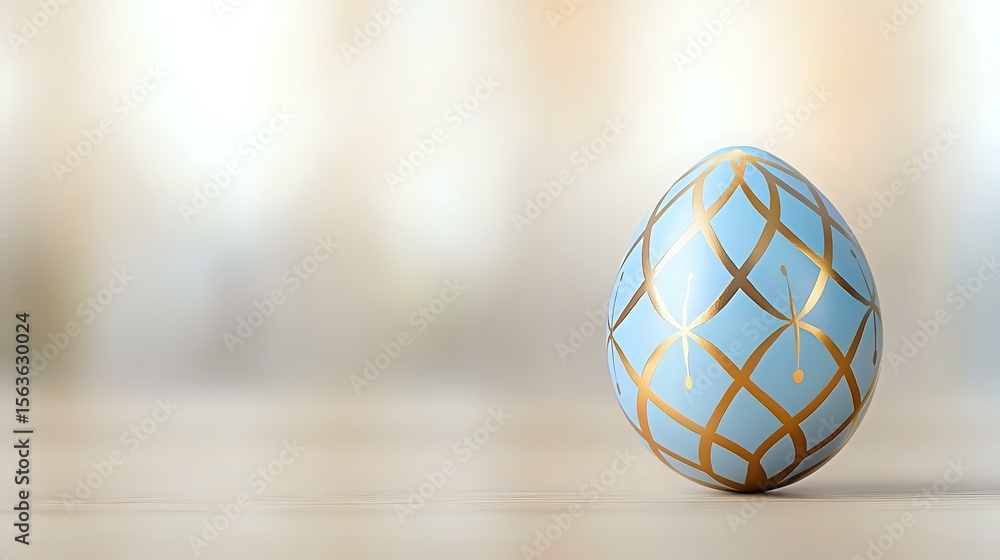Aufkleber decorative easter egg in light blue with elegant golden geometric pattern on neutral beige backgroun
