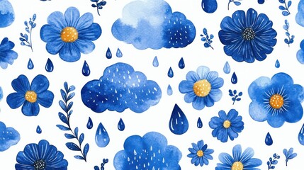Watercolor Pattern of Blue Flowers, Clouds, and Raindrops