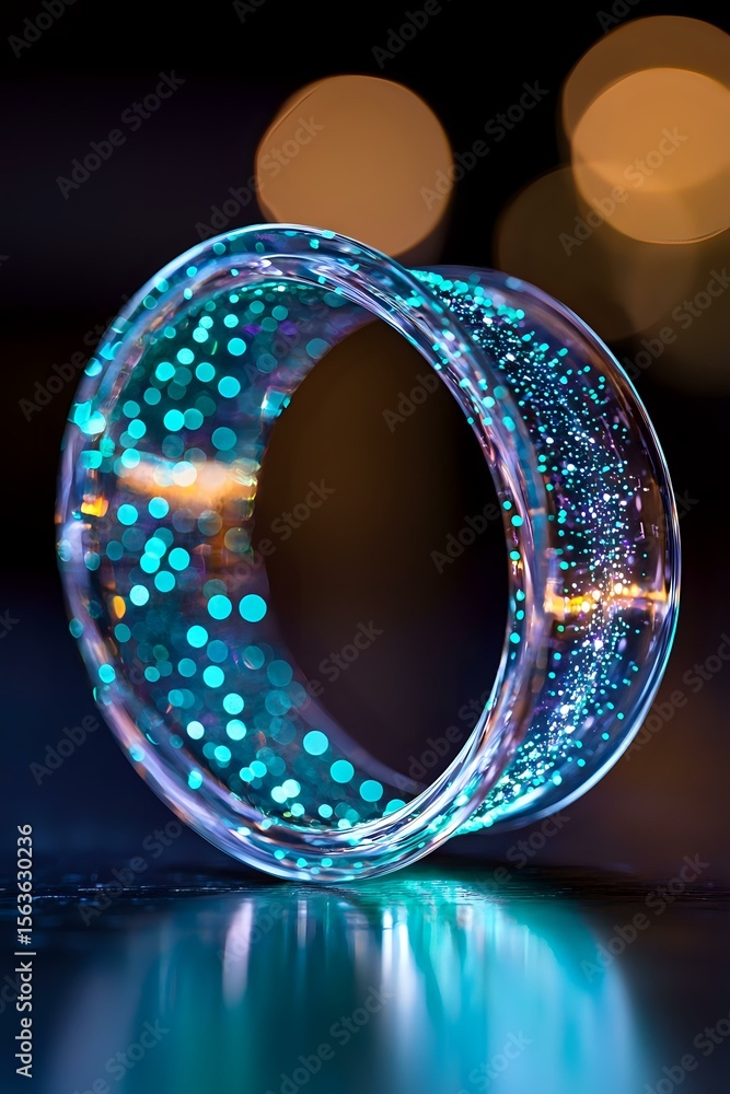 Poster transparent resin bangle bracelet with glowing turquoise glitter and bokeh effects on dark backgroun
