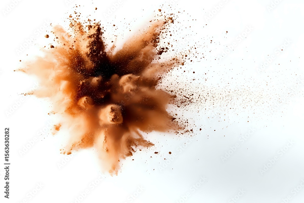 Poster explosive brown powder burst on white background, dynamic freeze motion of dust particles creating a