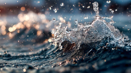 Dynamic close-up of a powerful ocean wave with water droplets splashing against a sunset backdrop, highlighting the energy and motion of the sea