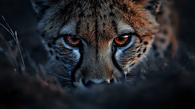 Intense close-up of cheetah eyes and face emerging from darkness, showing fierce predator gaze with amber eyes and distinctive facial markings in dramatic lighting.