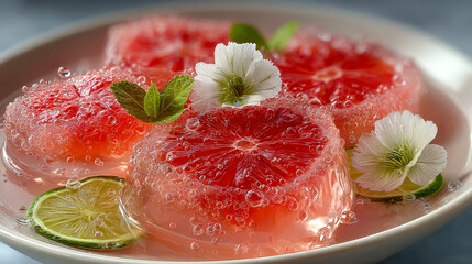 Close-up of vibrant grapefruit slices in sparkling gelatin, garnished with fresh mint leaves and delicate white flowers
