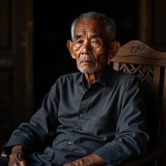 Obraz premium Elderly Muslim Indonesian Man in Traditional Islamic Clothing Sitting Peacefully