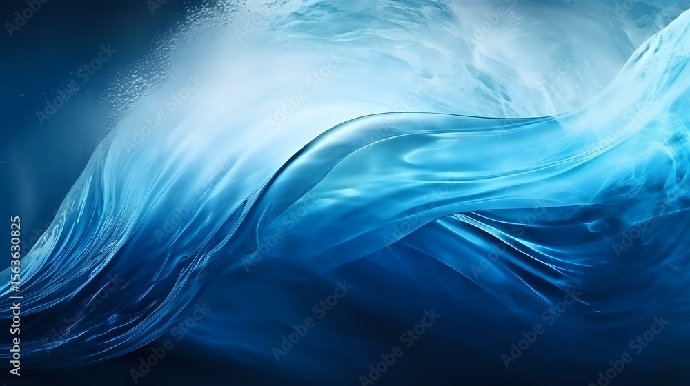 Poster flowing abstract waves in deep blue tones create dynamic movement against dark background, suggestin