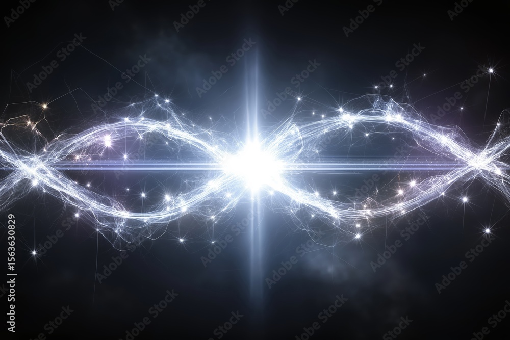 Poster bright, swirling light waves create a dynamic and ethereal background effect.