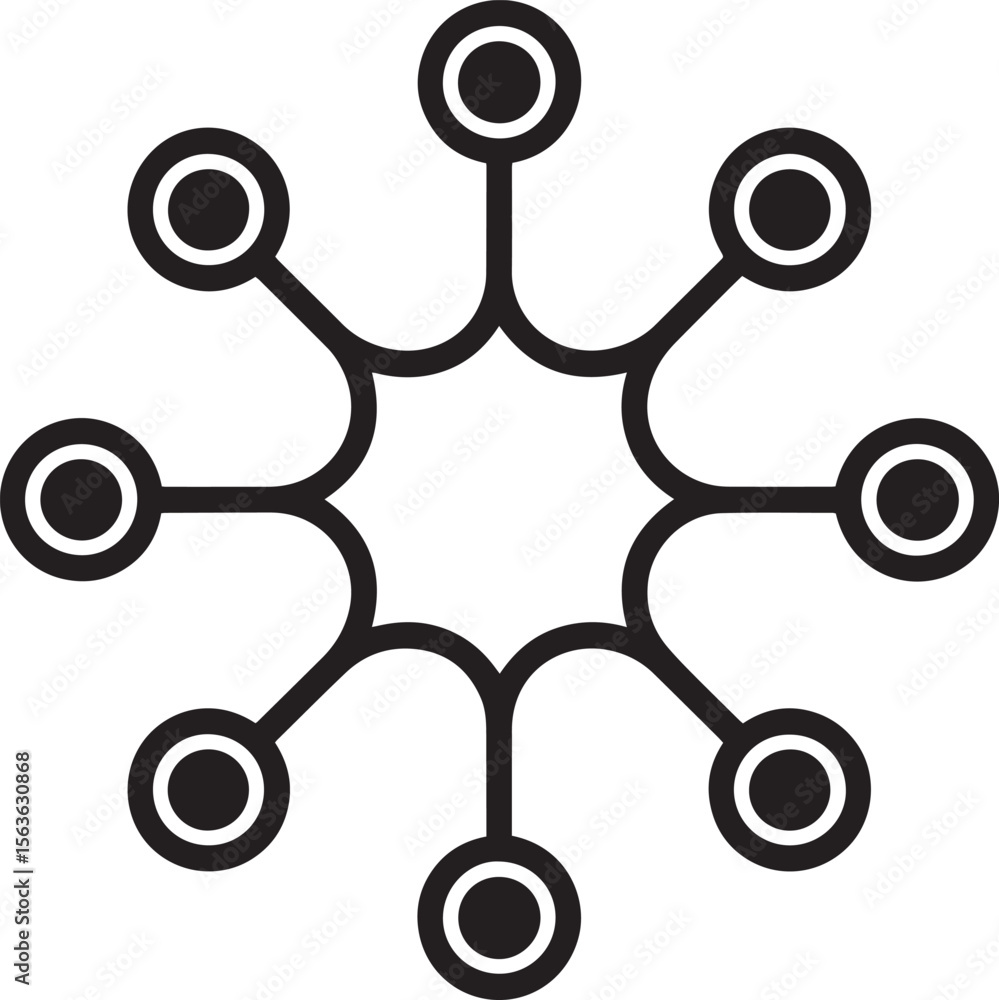 Poster abstract hub spoke, data hub symbols, centralized node design, abstract tech icons, digital connecti