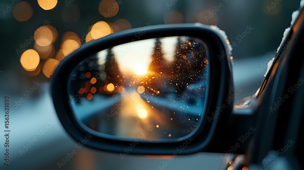 Poster side view mirror reflection showing sunset bokeh lights through raindrops on glass surface, creating