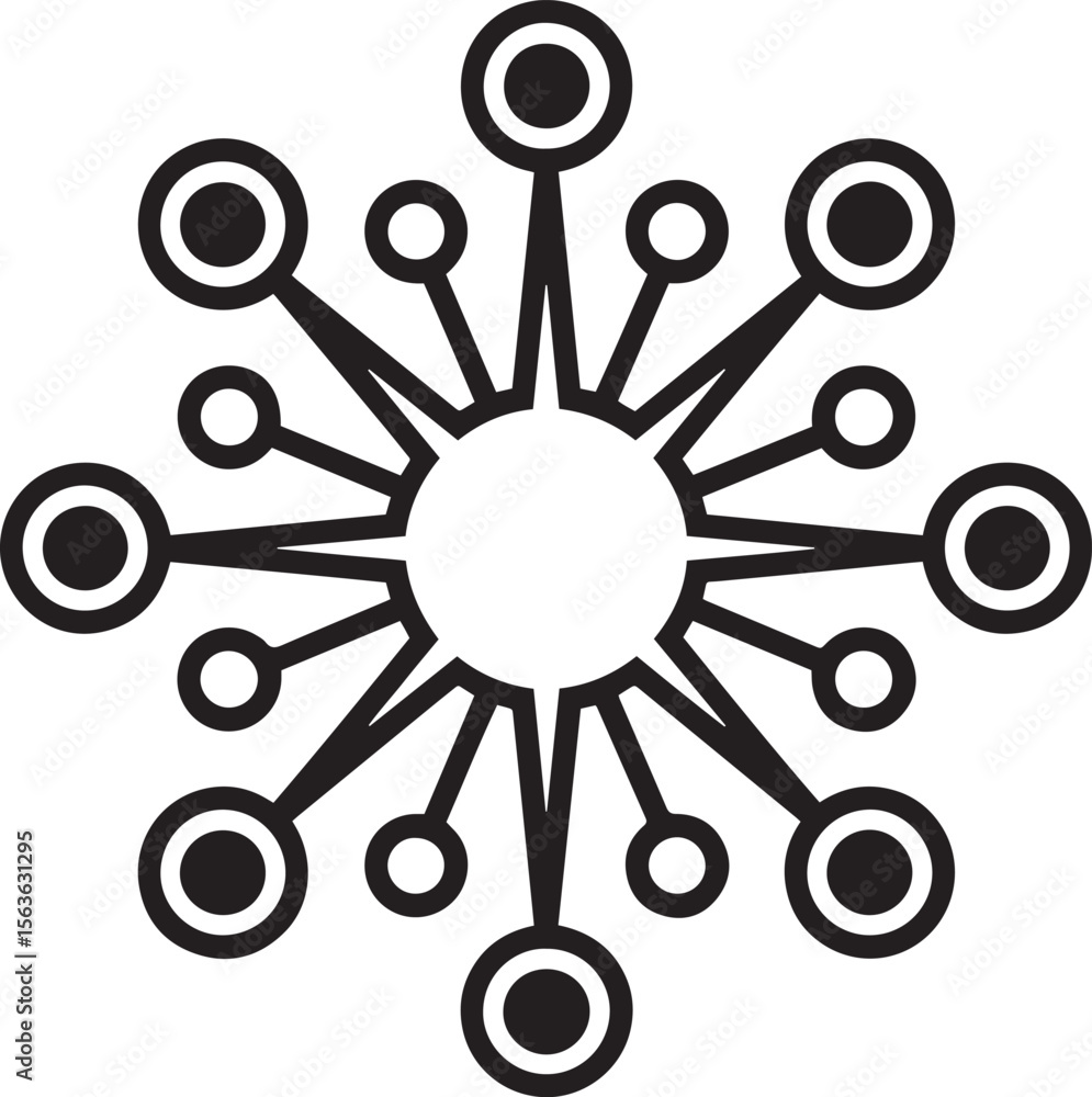 Poster abstract hub spoke, data hub symbols, centralized node design, abstract tech icons, digital connecti