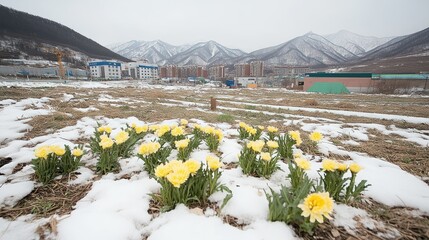 Winter Bloom: Yellow Flowers in Snowy Field