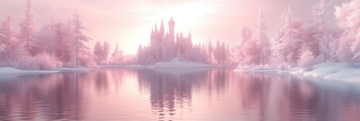 Winter Castle Landscape with Snow and Frozen Lake