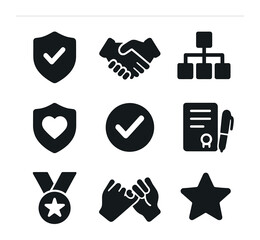 Trust and Integrity Icons. Solid, filled icons set of accountability and trust: trust badge, handshake icon,