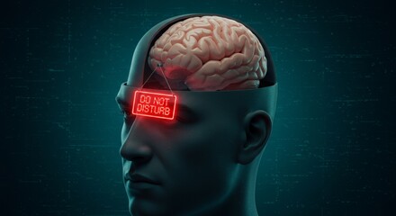 Digital Mind: A futuristic concept depicting a human brain with a "Do Not Disturb" sign, symbolizing mental privacy and the need for cognitive rest.