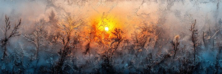 Winter sunrise through frosted glass with tree-like ice crystals