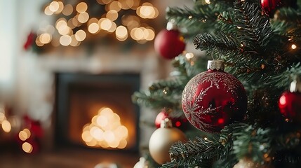 Decorated Christmas tree with red and gold ornaments in cozy room setting, fireplace with warm glow and bokeh lights creating festive holiday atmosphere.