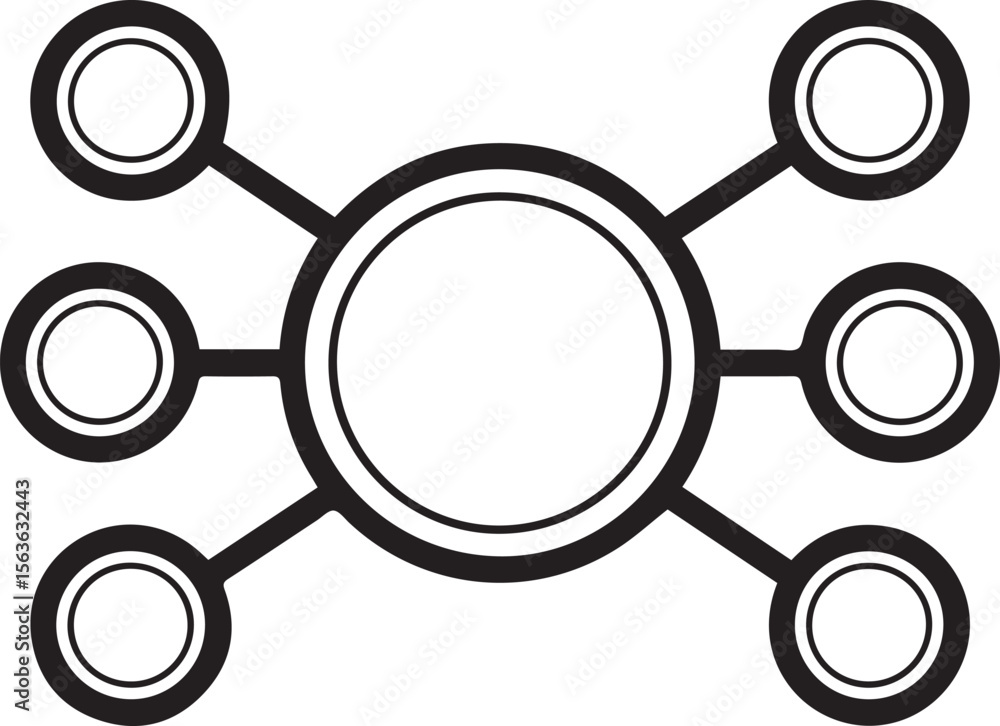 Poster abstract hub spoke, data hub symbols, centralized node design, abstract tech icons, digital connecti
