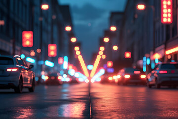 Blurry city street at night with colorful bokeh lights from traffic