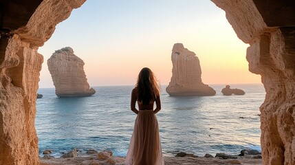 Woman Admiring Coastal Rock Formations at Sunset