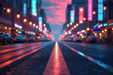 City street at dusk with glowing neon lights reflected on the road