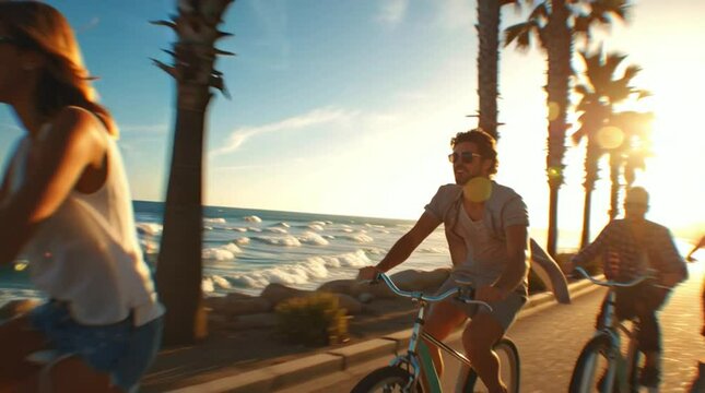 Happy group of friends riding bicycles along coastal road at golden hour, palm trees, ocean waves, carefree laughter, lens flare, cinematic motion, trendy summer colors, vacation travel theme