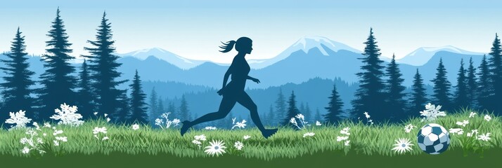 Woman jogging in peaceful nature landscape with a soccer ball