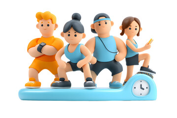 Stylized 3D illustration of a group fitness class with a focus on time management
