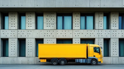 Yellow Delivery Truck parked in front of Modern Building