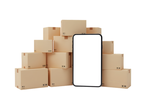 Online Shopping Mobile App Ecommerce Delivery Packages Cardboard Boxes Transparent Background - Powered by Adobe