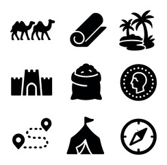 Silk Road Icon Set. Solid, filled icons set of Silk Road trade symbols: camel caravan, silk roll, desert oasis