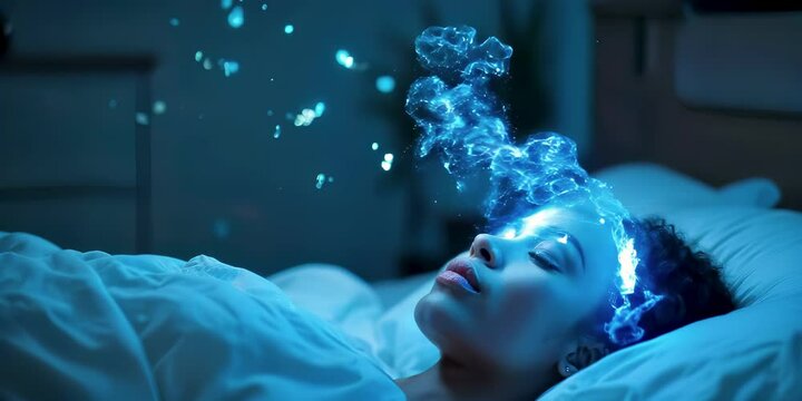 African American woman experiencing neural decoding of dreams while sleeping on the bed at night. Concept of dream analysis and neuroscience.