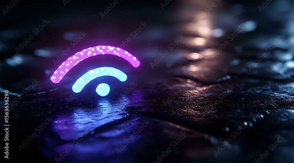 Poster glowing neon wifi symbol in pink and blue colors on dark reflective wet surface with bokeh lights an