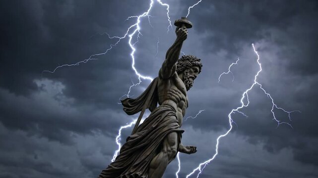Statue antique foudroy&eacute;e sous un ciel orageux