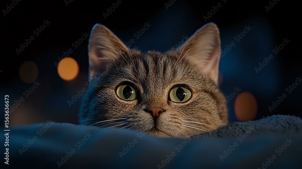 Poster curious tabby cat with bright green eyes peeking over edge, dark moody background with soft bokeh li
