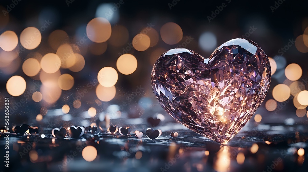 Poster crystal heart shape on dark reflective surface with golden bokeh lights creating romantic atmosphere