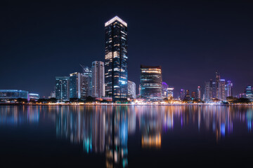 Naklejka premium Night Shot Illuminated High-Rise Tower in City