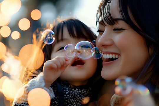 Young Asian mother and daughter blowing soap bubbles together outdoors at sunset with magical bokeh lights creating joyful holiday atmosphere.