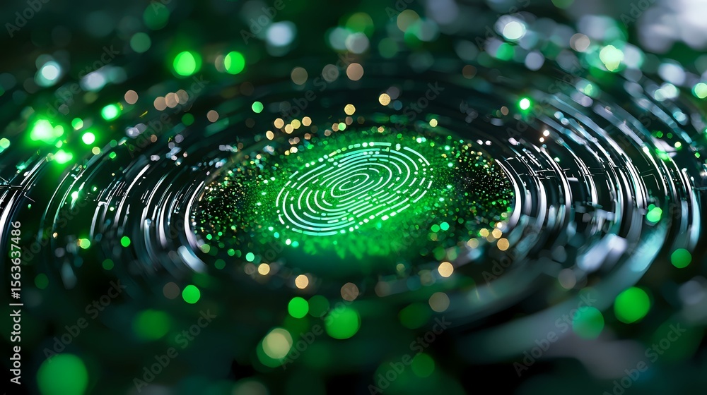 Poster glowing green fingerprint scan with digital circular waves and bokeh light effects on dark backgroun