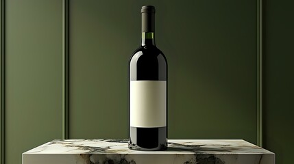 Elegant wine bottle with blank label on marble surface against dark green wall, dramatic lighting creates luxurious atmosphere for product photography.