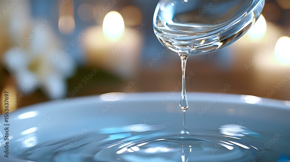 Poster crystal clear water drop falling from glass into rippling blue surface with soft bokeh lights and re