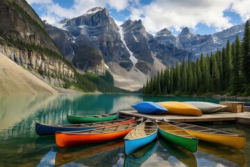 Group of canoes are sitting on a dock by a lake